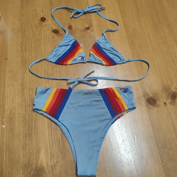 Aviator Nation 5 Stripe Sport Bikini Top/Bottoms Size xs Pre Owned - Picture 2 of 14